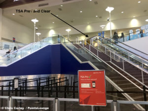 Instructions to the TSA PreCheck and CLEAR areas at LAX airport Terminal 2 security checkpoint at Los Angeles International Airport in Westchester, CA. © Chris Carley / PointsLounge