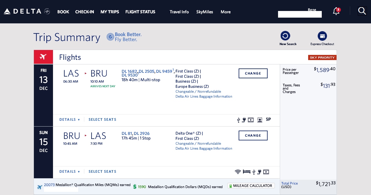 Las Vegas to Brussels Delta / Skyteam Business class ~$1700 & 20,000 MQMs Elite Mileage Run to end 2019 (also to start 2020)!