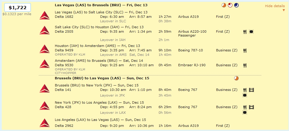 Las Vegas to Brussels Delta / Skyteam Business class ~$1700 & 20,000 MQMs Elite Mileage Run to end 2019 (also to start 2020)!