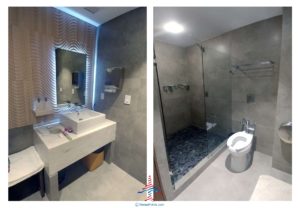 a bathroom with a sink and shower