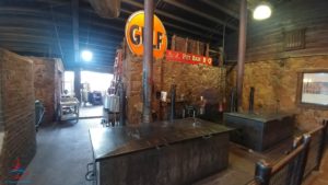 a metal table in a warehouse