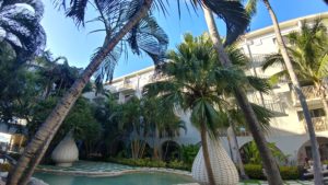 a pool with palm trees and a building