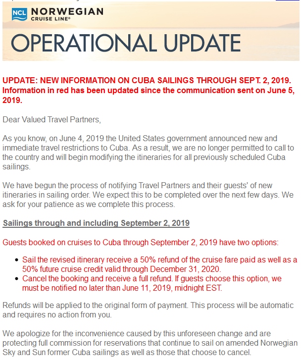 WoW! Norwegian NCL offers MEGA credits for change of Cuba cruise cancellations prior to 2SEPT19 sailings.