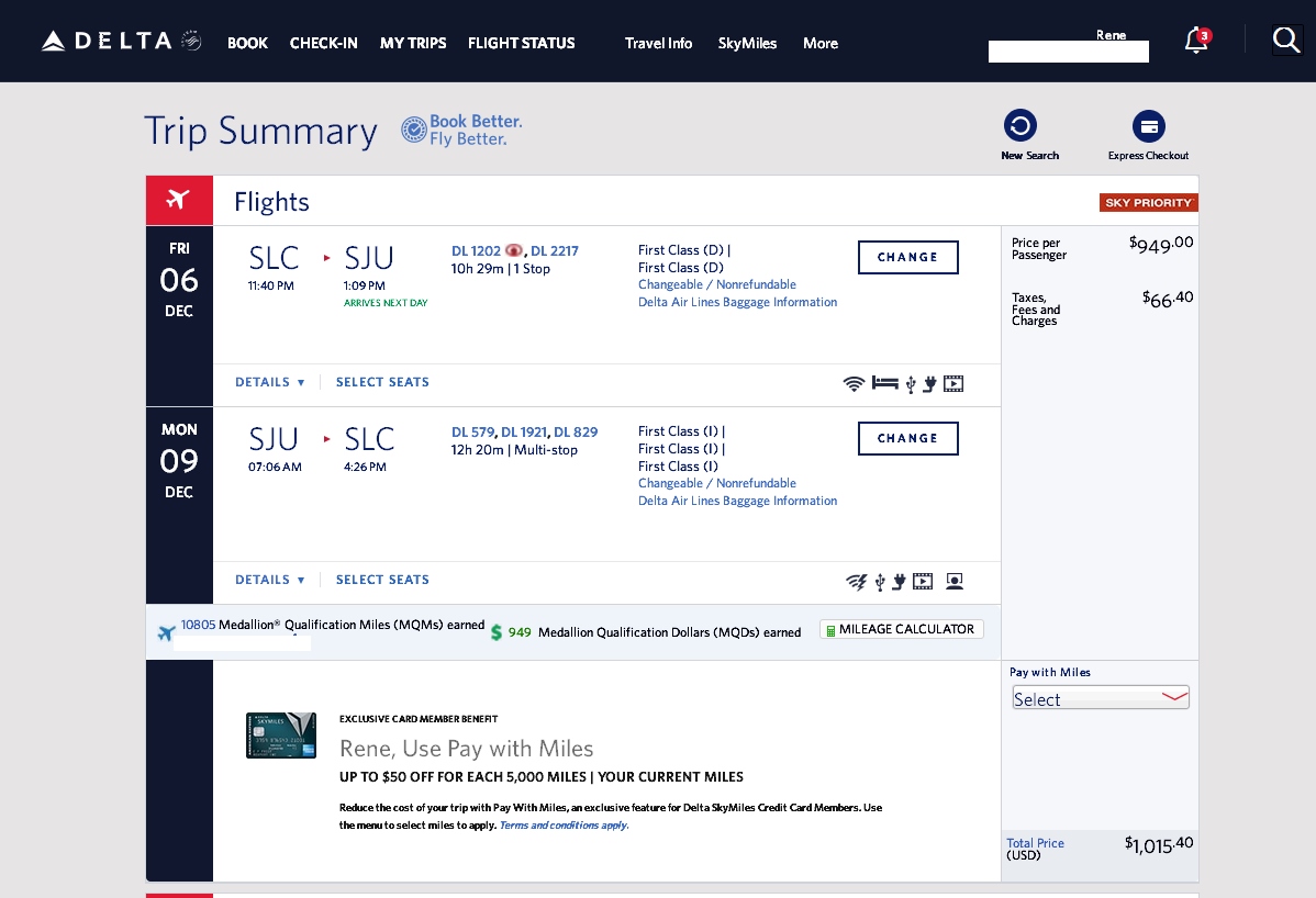 Salt Lake to San Juan Delta 1st Class $870 & 10,805 MQMs at 8CPM “Vacation” Elite Mileage Run (weekend run for $1,015)