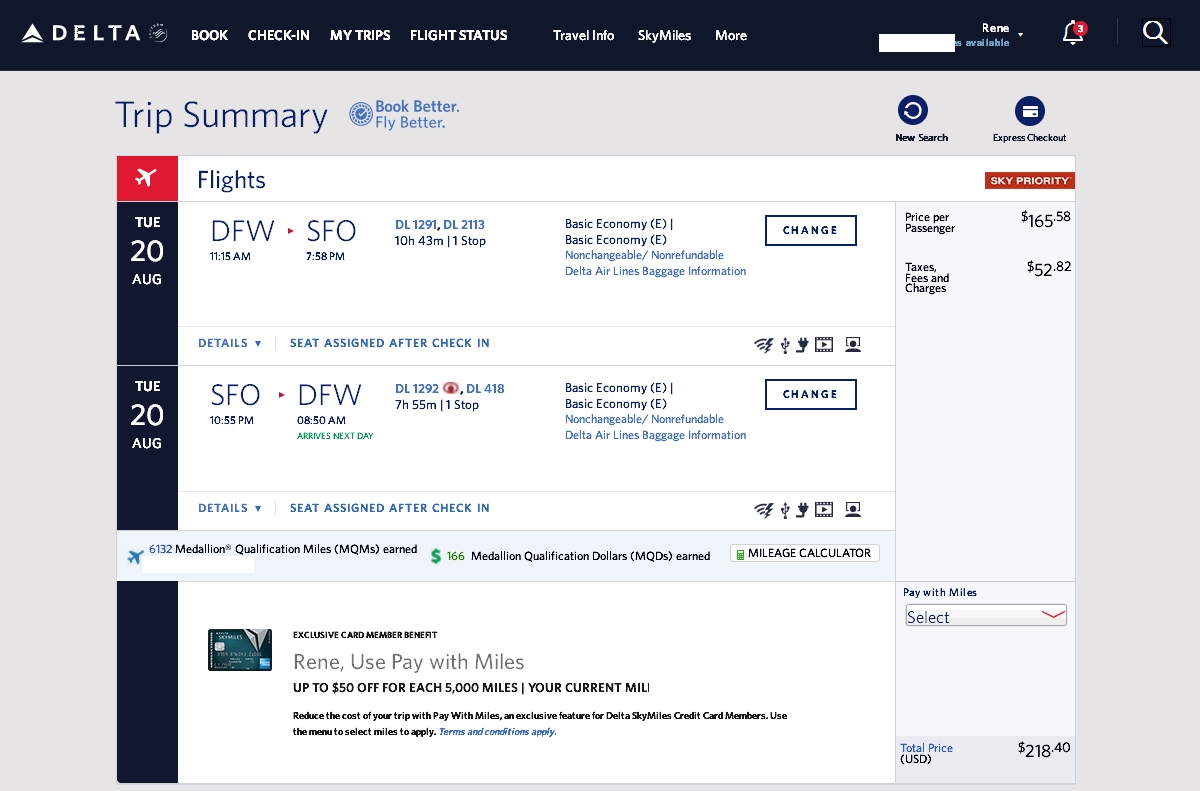 San Francisco to Dallas and VV (via DTW) $218 & 6132MQMs at 3.6CPM 24 hour Delta Elite Mileage Run