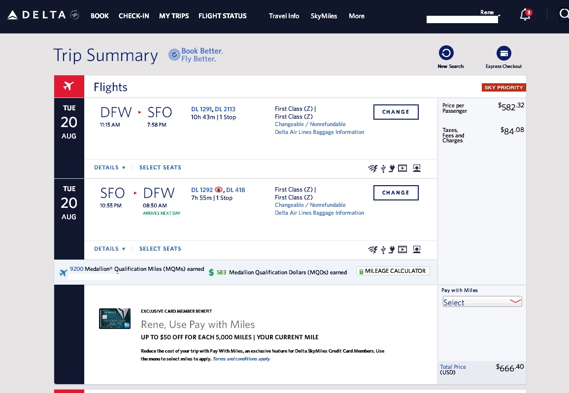 San Francisco to Dallas and VV (via DTW) $218 & 6132MQMs at 3.6CPM 24 hour Delta Elite Mileage Run