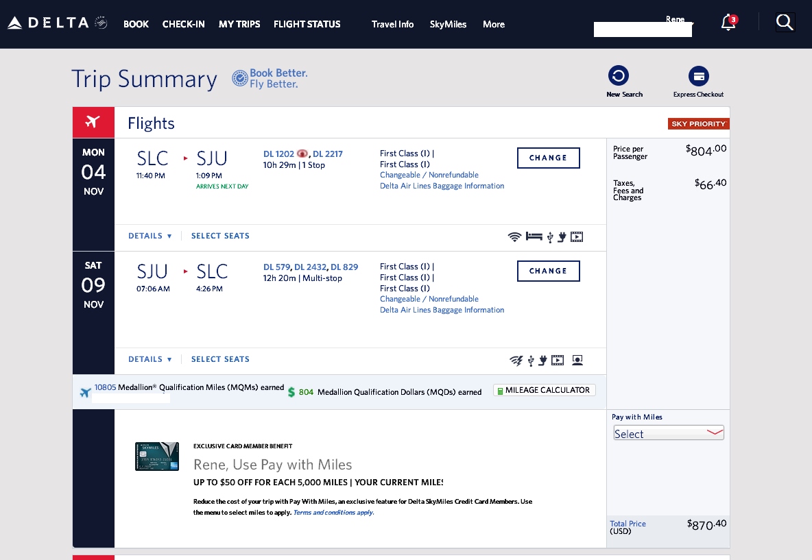 Salt Lake to San Juan Delta 1st Class $870 & 10,805 MQMs at 8CPM “Vacation” Elite Mileage Run (weekend run for $1,015)