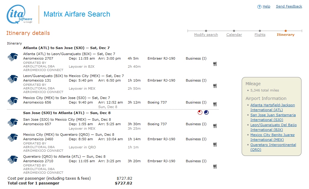 Atlanta to San Jose (Costa Rica) $728 Business Class Delta / AeroMexico Weekend HUB Elite Mileage Run  8094MQMs at 9CPM
