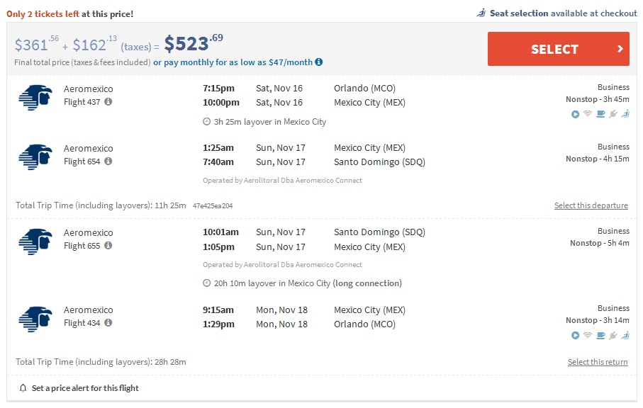 $524 Orlando Florida to Dominican Republic AeroMexico / Delta Business Class Elite Mileage Run 9597 MQMs $2560 MQDs & 12,796-20,474 SkyMiles