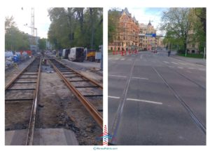 a train tracks in a city