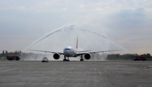 Meeting about arrival of the first flight with water salute in airport. Airport tradition (Photo: ©iStock.com/Nimdamer)