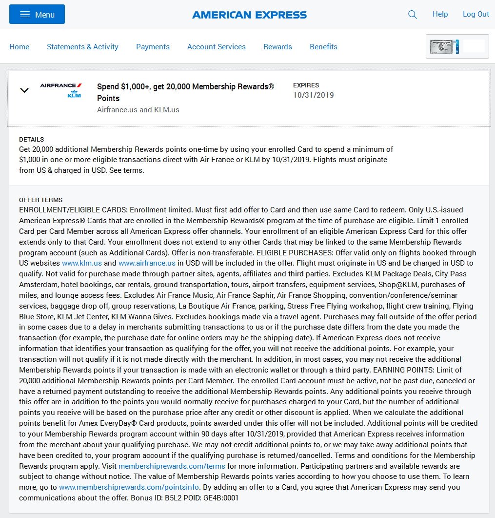 Air France Amex Offer also valid for KLM flights!