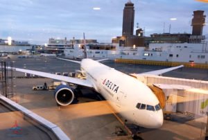A Delta 777 is seen from a SkyClub at Tokyo Narita airport.