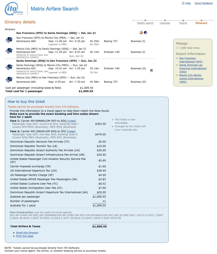 An AeroMexico mileage run from SFO to SDQ in early 2023