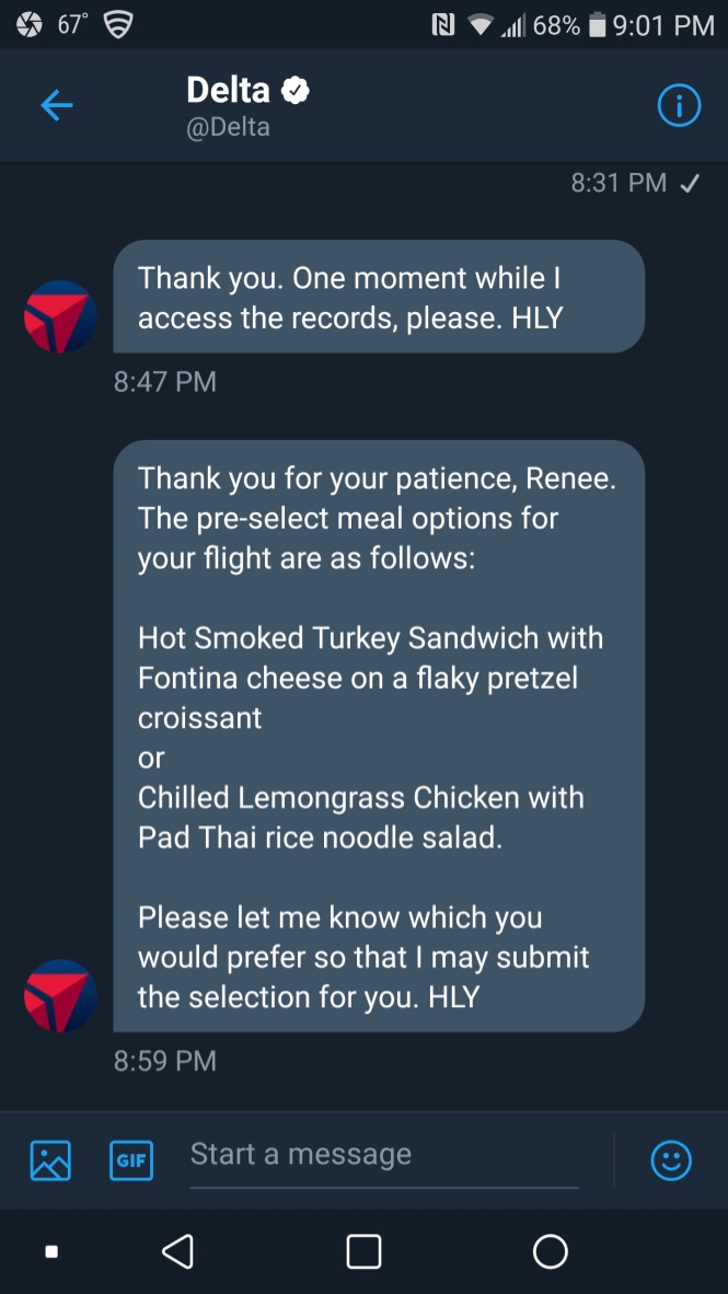 Screenshot of a Delta Twitter representative assists a customer with pre-ordering their first class meal five days prior to a trip.