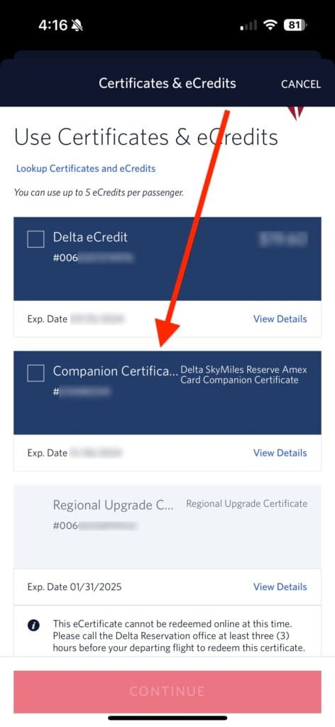 Certificates and eCredits page on Delta.com