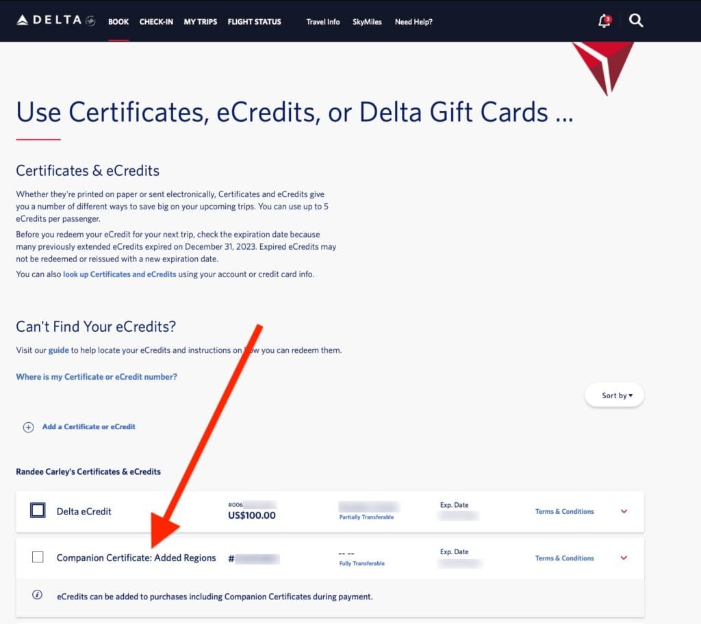 Certificates and credits page on Delta.com