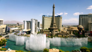 The Fountains of Bellagio as seen from a "lake view" room upgrade on an Amex FHR reservation.