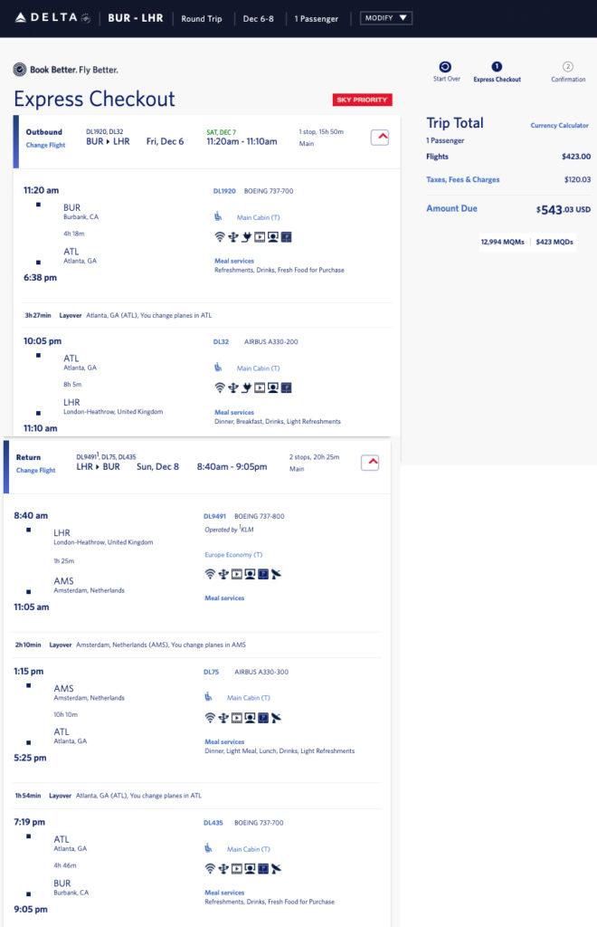 Delta weekend elite mileage mileage run from Burbank to London.