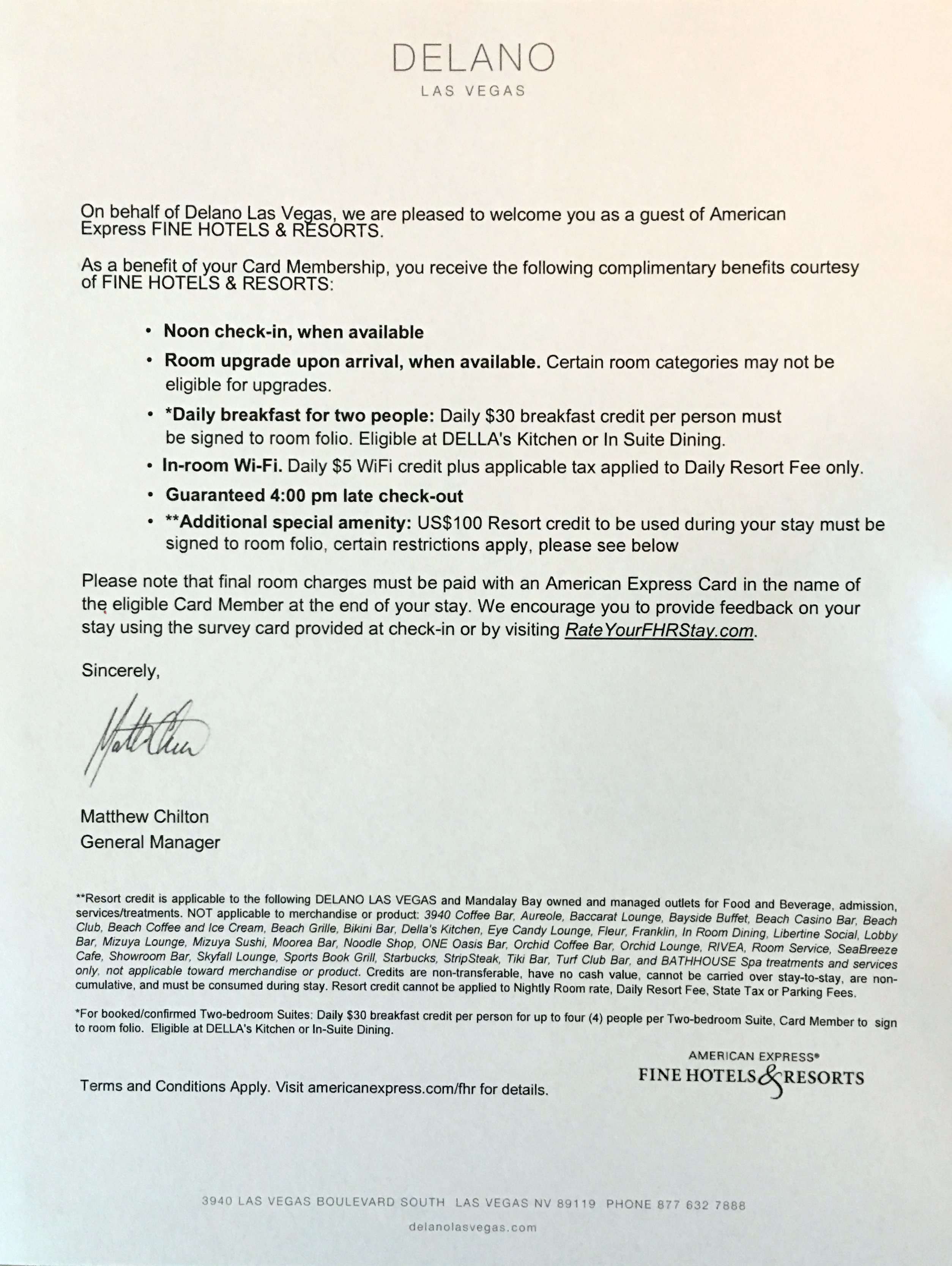 Delano Las Vegas' Fine Hotels & Resorts welcome letter.