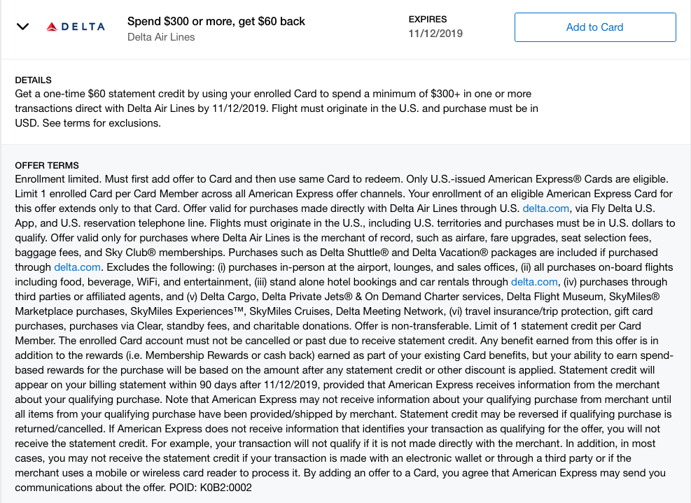 Delta Amex Offer: spend $300 get $60 in statement credit.