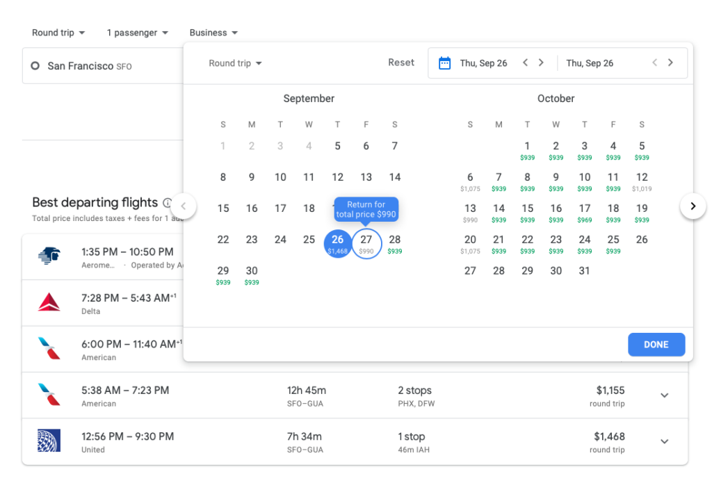 Google Flights Aeromexico mileage run from San Francisco to Guatemala City.