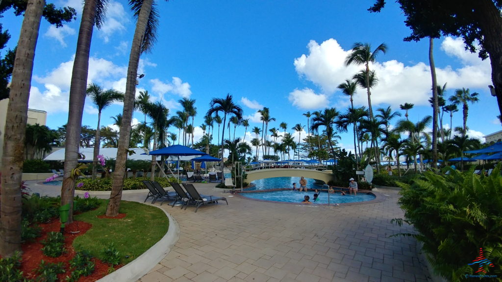 a pool with palm trees and people in it