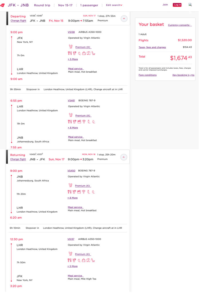 Delta MQD mileage run on Virgin Atlantic -- JFK to LHR to JNB in November 2019.