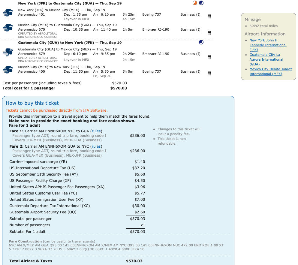 Sample Delta MQD run itinerary on Aeromexico from New York (JFK) to Guatemala City (GUA).