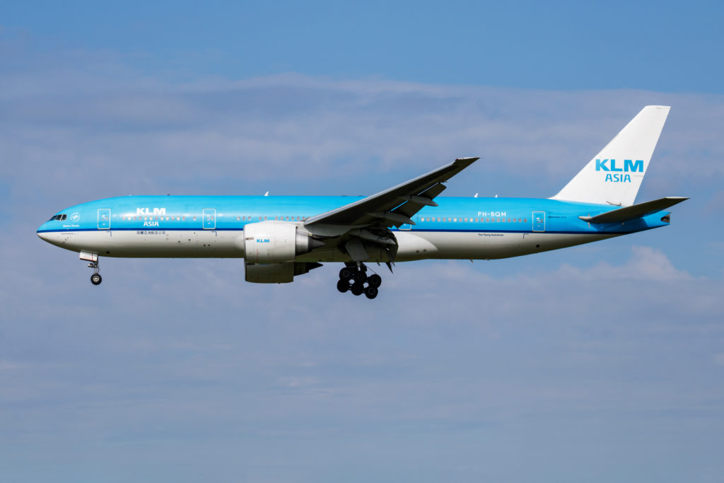 2017: KLM Royal Dutch Airlines Boeing 777-200 PH-BQM passenger plane arrive and landing at Amsterdam Schipol Airport