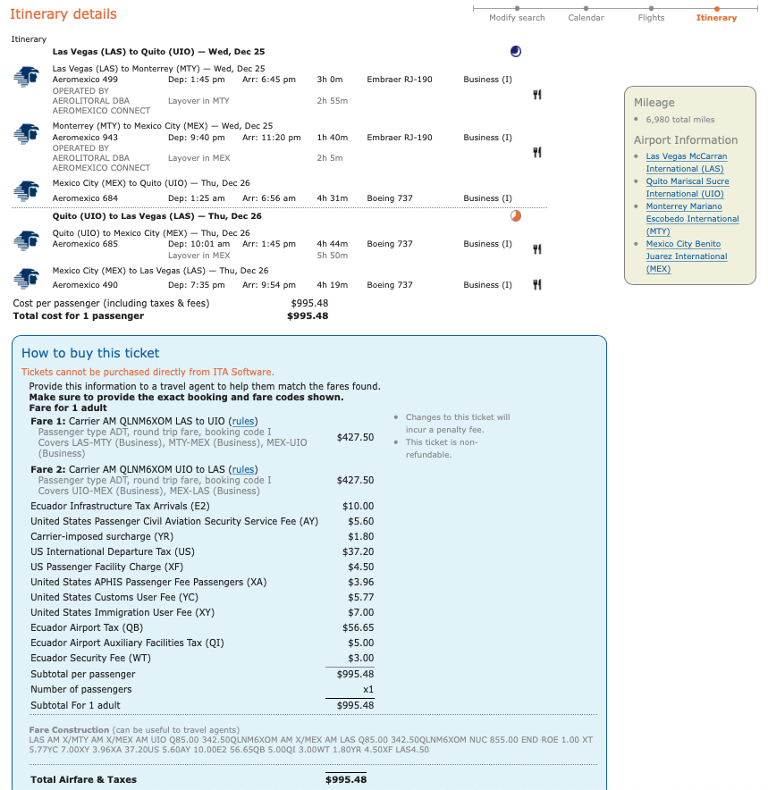 AeroMexico MQD run from Las Vegas to Quito, Ecuador.