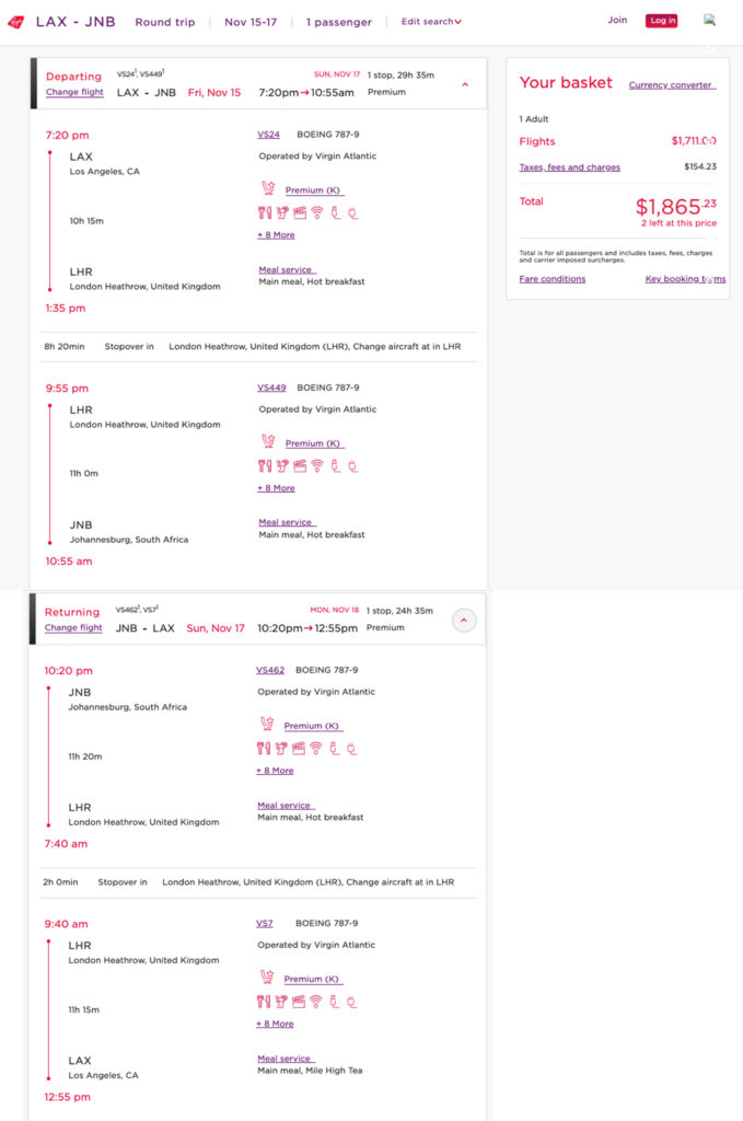 Delta MQD mileage run on Virgin Atlantic -- LAX to LHR to JNB in November 2019.