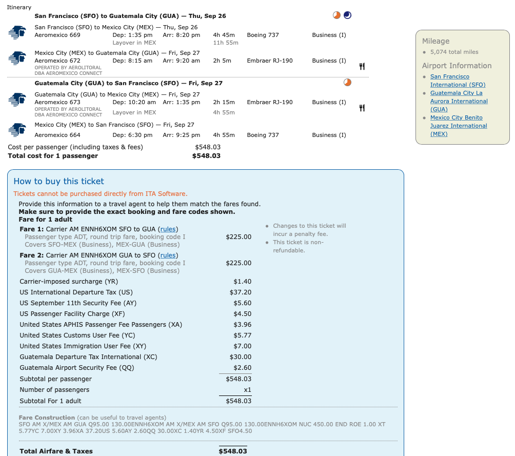 Sample Delta MQD run itinerary on Aeromexico from San Francisco (SFO) to Guatemala City (GUA).