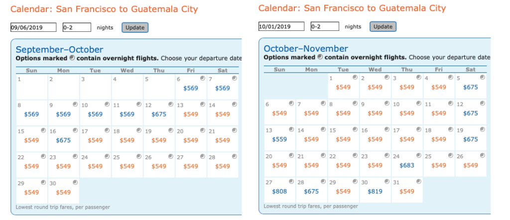 Calendar of dates for Delta MQD run on Aeromexico from San Francisco (SFO) to Guatemala City (GUA).