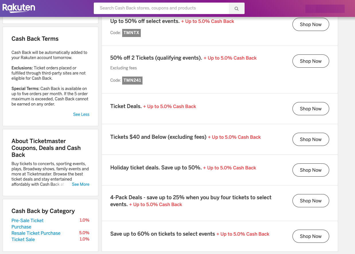 TopCashBack cash back offers on Ticketmaster purchases.