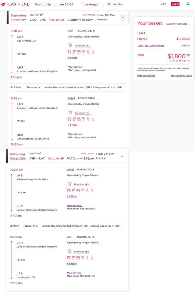 Delta MQD mileage run on Virgin Atlantic -- LAX to LHR to JNB in 2020