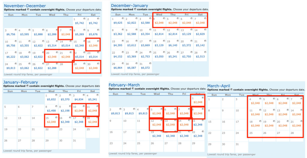 Calendar of dates for Delta MQD mileage run on Virgin Atlantic -- ATL to LHR to JNB.