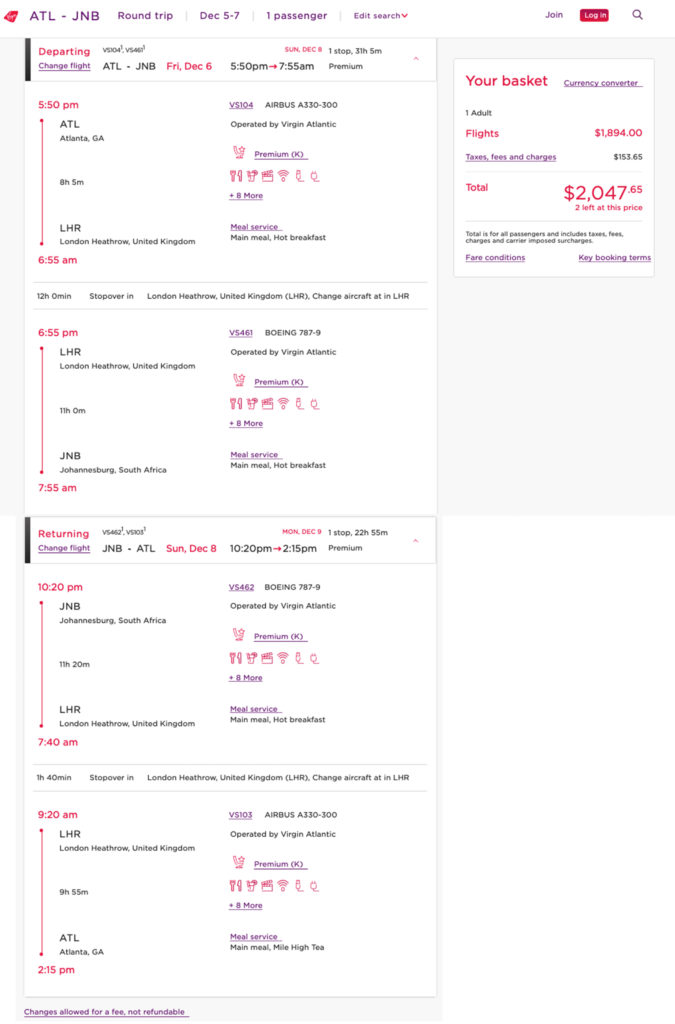 Delta MQD mileage run on Virgin Atlantic -- ATL to LHR to JNB in 2019. Dates are available in 2020, as well!