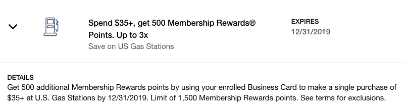 Amex Offer for You: Spend $35 at gas stations, get 500 bonus Membership Rewards points.