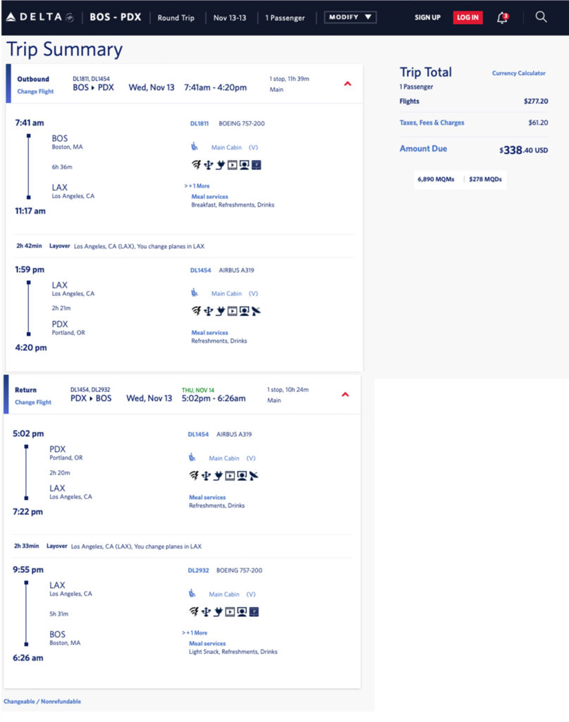 Delta Air Lines weeknight elite mileage run from BOS to PDX in November 2019.