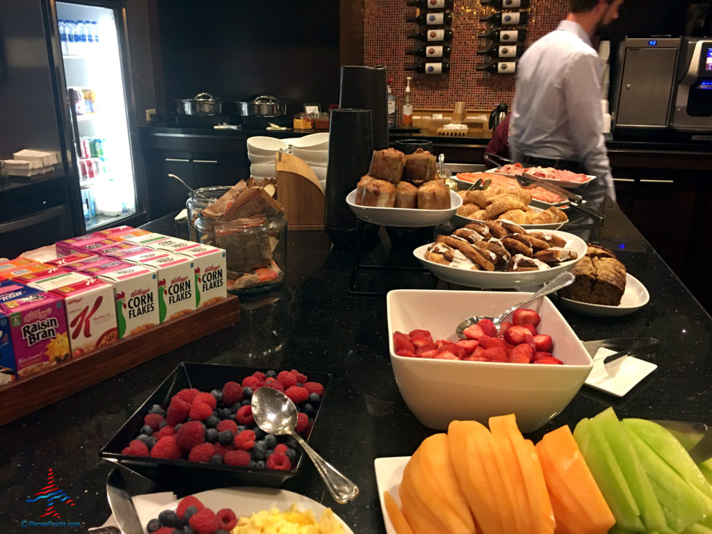 A breakfast food spread is seen in the Regency Club lounge at the Hyatt Regency O'Hare Chicago airport hotel in Rosemont, Illinois.