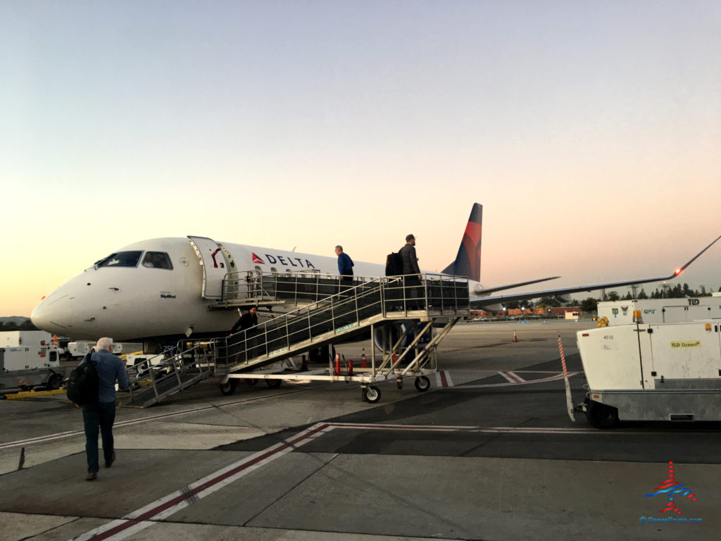 A Delta Connection Embraer 175 operated by SkyWest Airlines is seen at the Hollywood Burbank Airport (BUR) in October 2019.