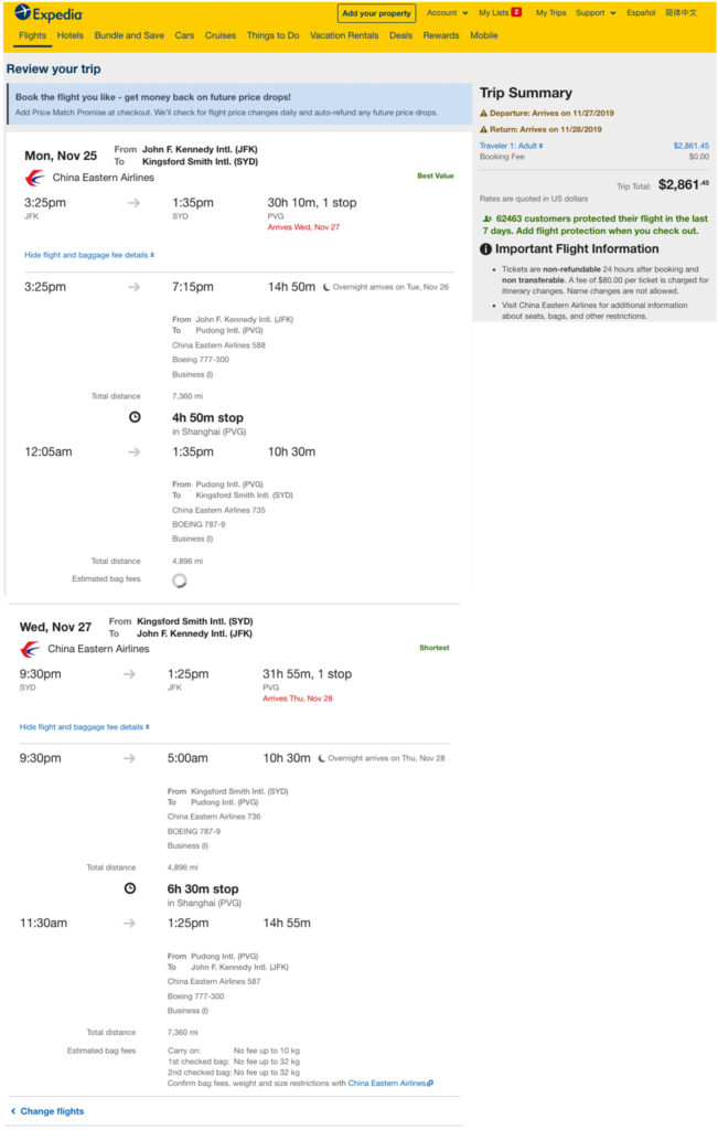 China Eastern MQD run from JFK to SYD in business class!