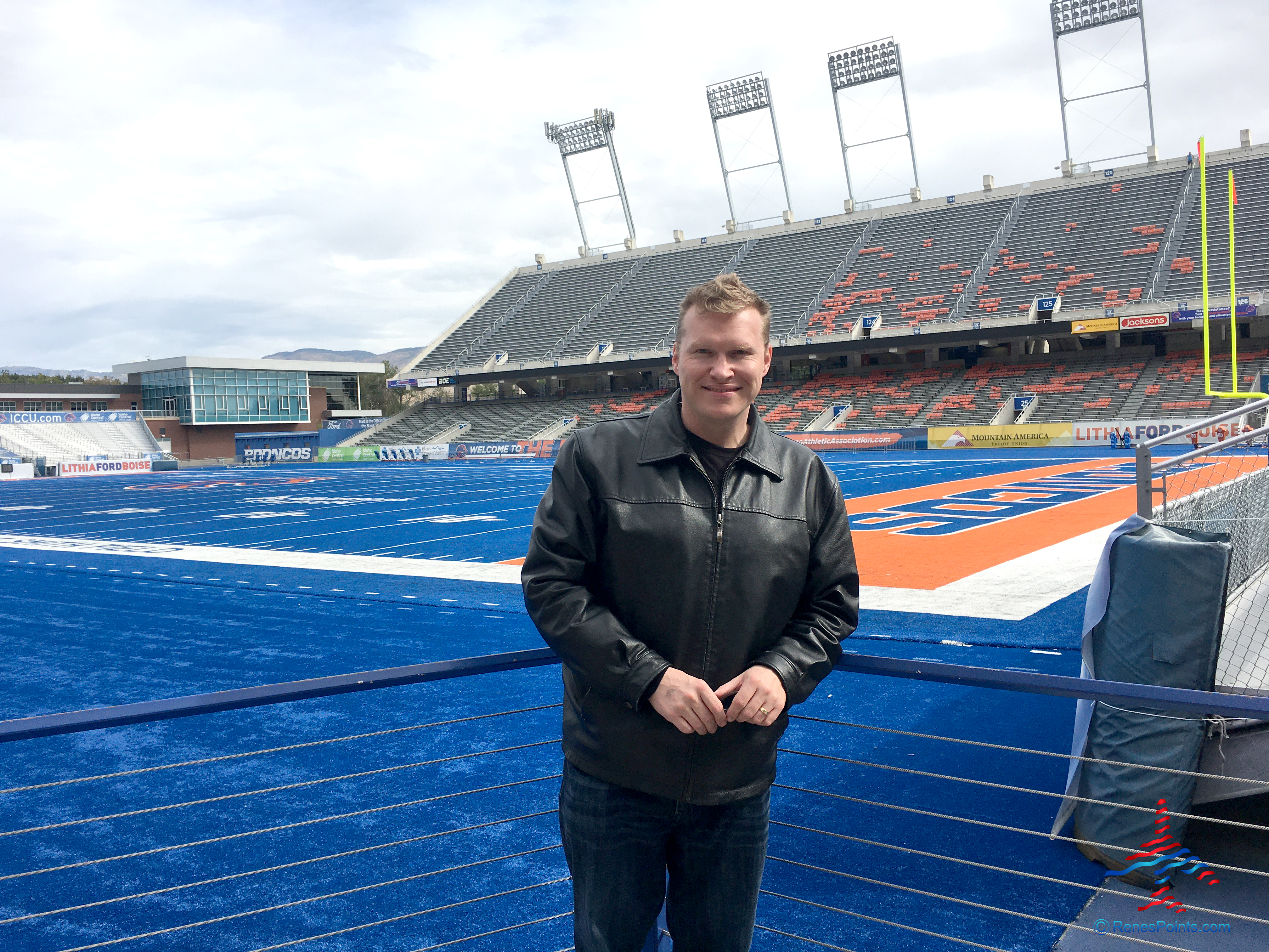 Chris Carley of Rene's Points for Better Travel blog poses at Albertsons Stadium in Boise, Idaho, in October 2019.