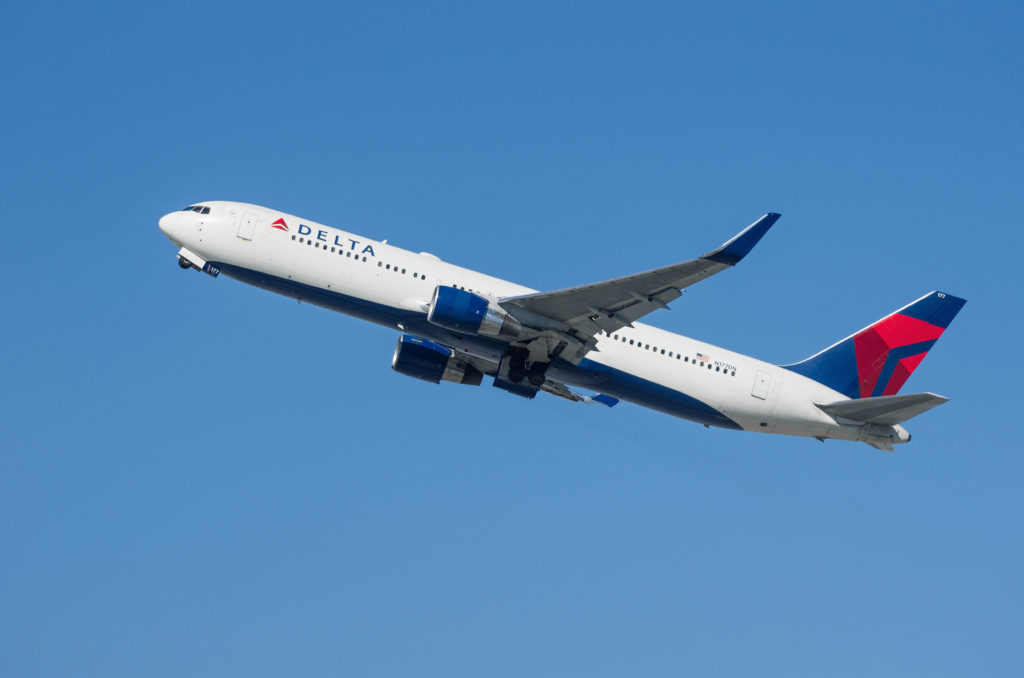 A Delta Air Lines Boeing 767 is shown departing from the Los Angeles International Airport, LAX.