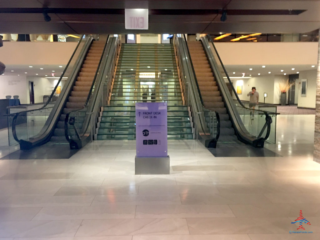 Front entrance escalators that lead to the lobby are seen at the Hyatt Regency O'Hare Chicago airport hotel in Rosemont, Illinois.