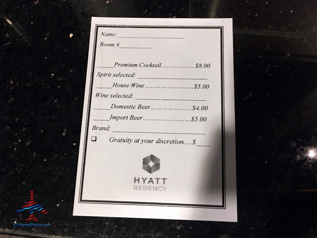 A honor bar slip is seen inside the Regency Club lounge at the Hyatt Regency O'Hare Chicago airport hotel in Rosemont, Illinois.