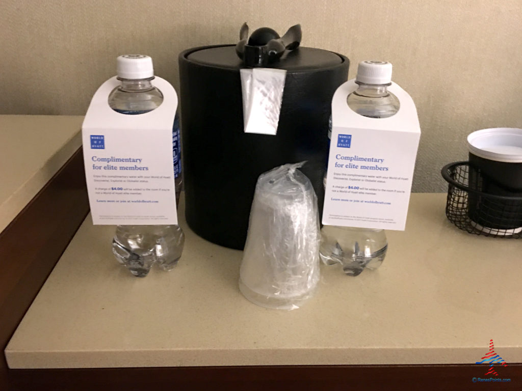 Bottles of water -- complimentary for World of Hyatt elite status members -- are seen inside an executive king bedroom at the Hyatt Regency O'Hare Chicago airport hotel in Rosemont, Illinois.