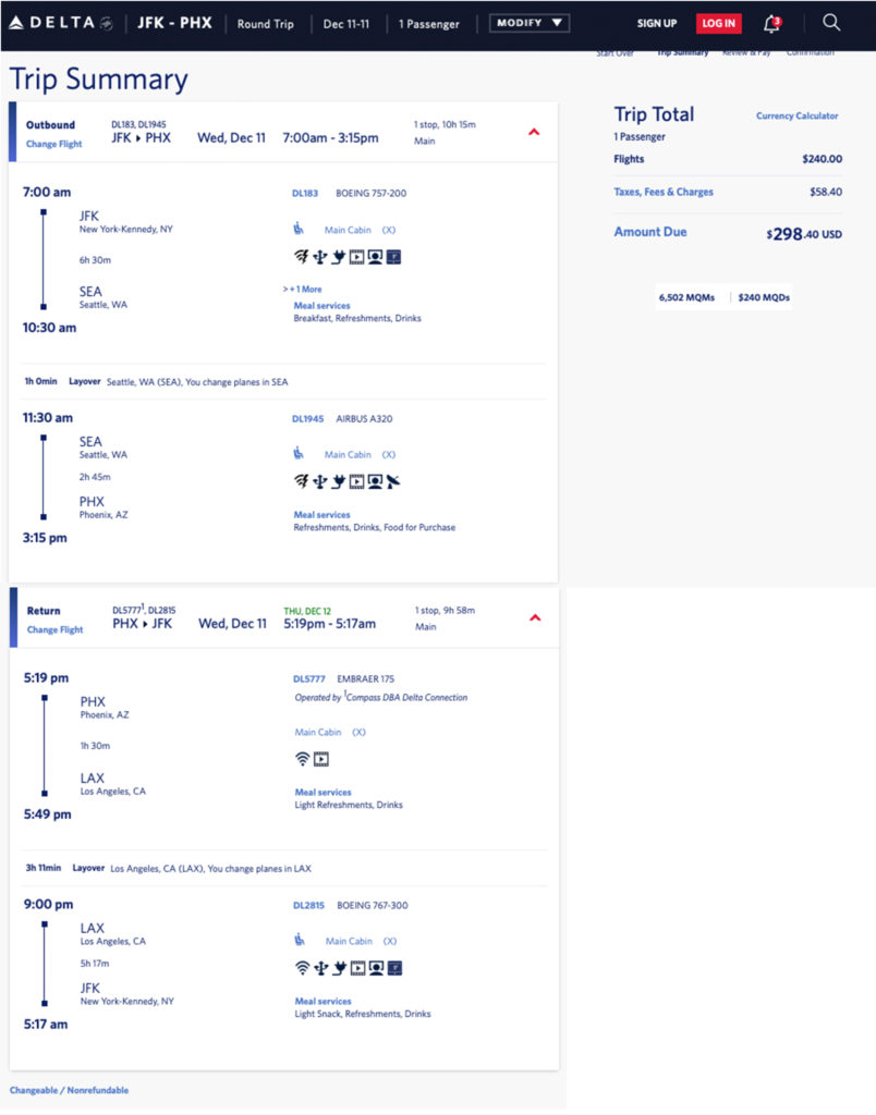 Delta mileage run from JFK to PHX, December 2019.