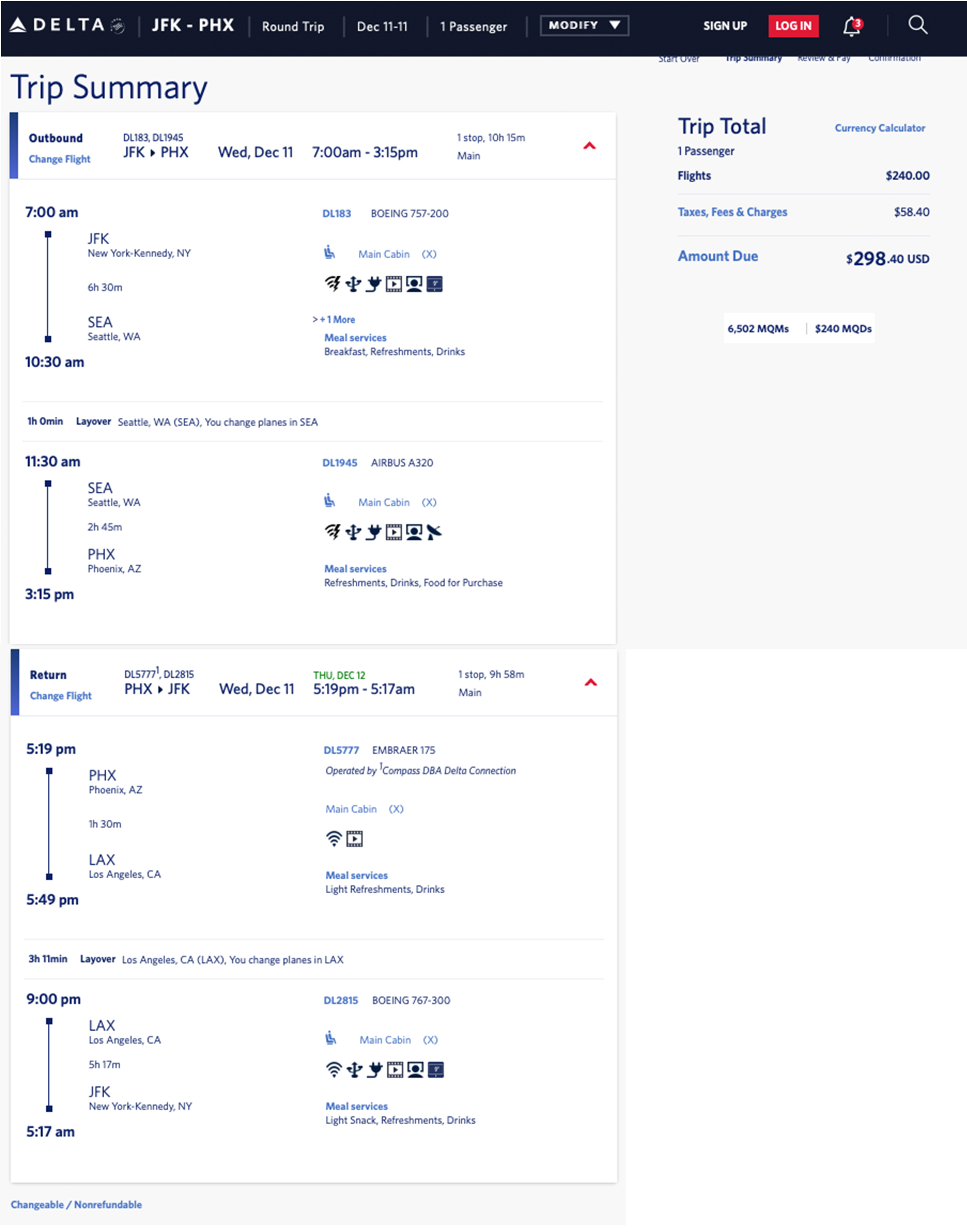 Delta mileage run from JFK to PHX, December 2019.